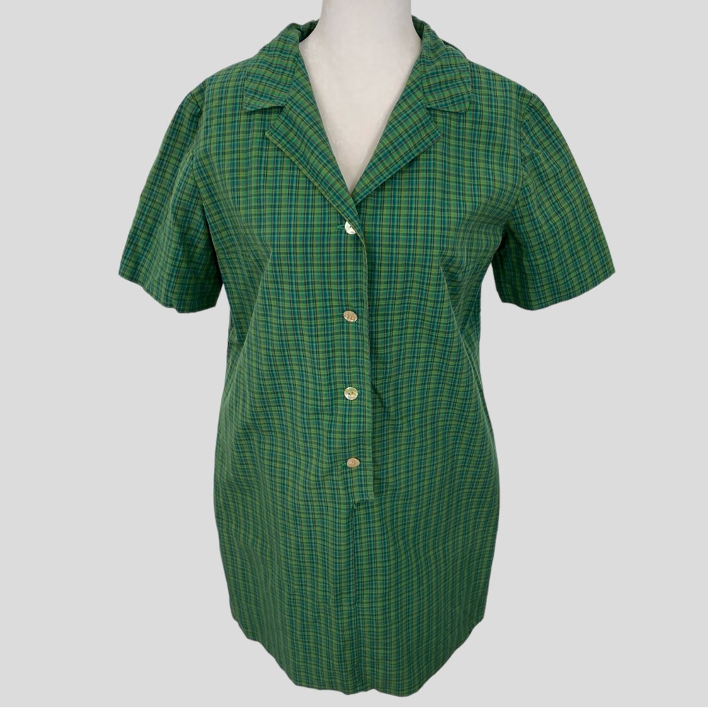 Vintage Handmade 50s Style Green Blue Plaid Belted Shirt Dress - Picture 2 of 6